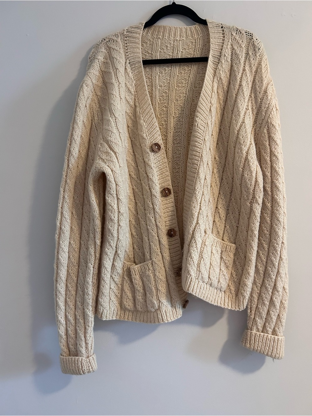 Men's XL Tall Handmade Cream Cable Knit Button-Front Cardigan